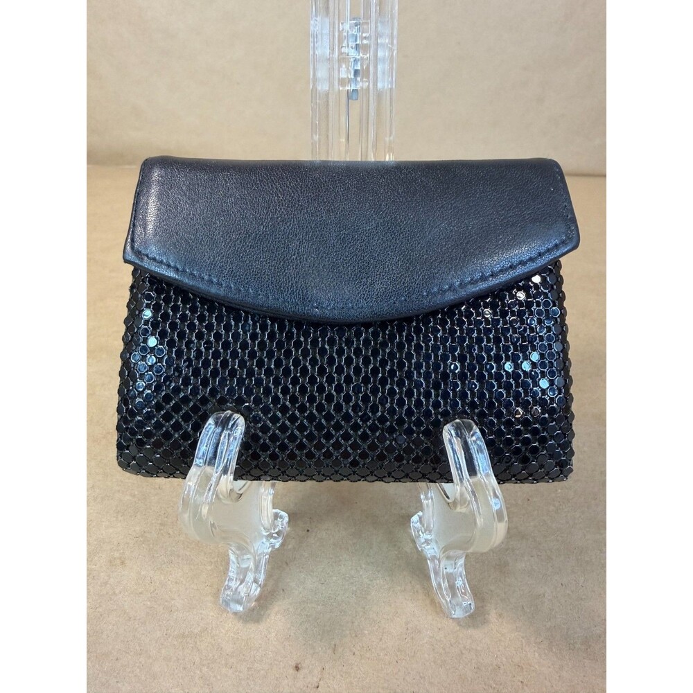Vintage Whiting & Davis Black Metal Mesh & Leather Kiss Lock Coin Purse Wallet